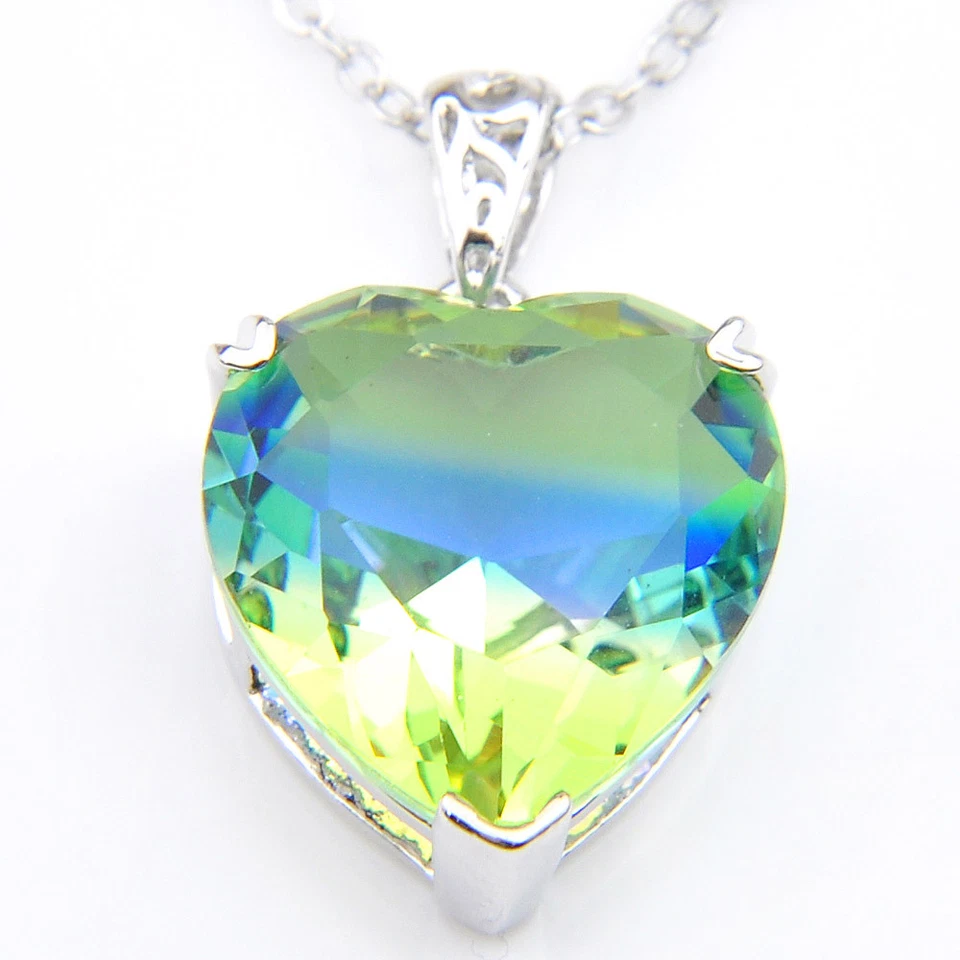 Venta al por mayor 2 piezas/lote corazón arco iris topacio místico turmalina gemas colgante de plata Foto 3 de 4