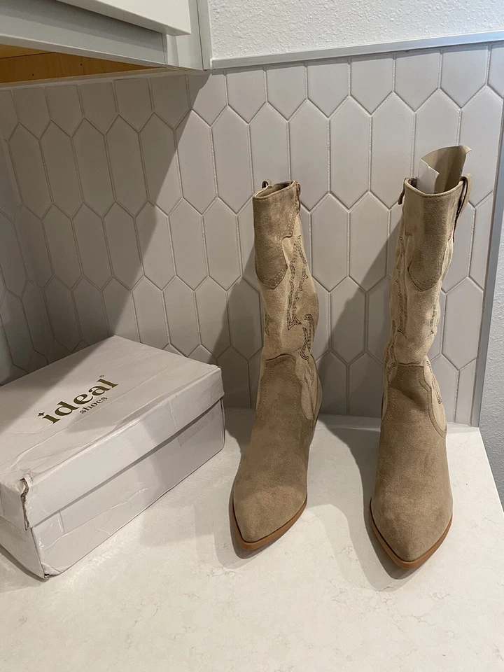Ideal Shoes  Western Cowgirl / Western Boots Beige Size US 7.5 - NWB - Изображение 2 из 4