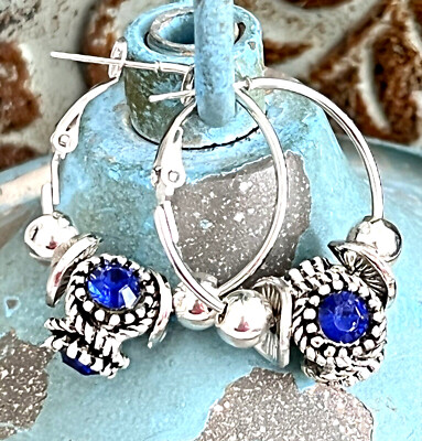 Etched Silver with Blue Rhinestone Dangle Hoop Love