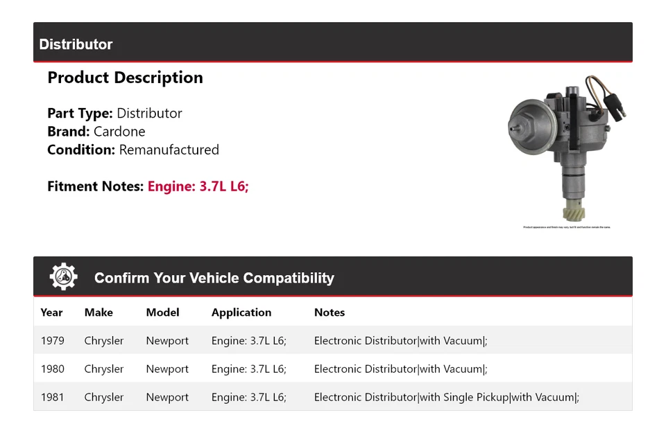 Para Chrysler Newport 1979-1981 3,7 L L6 distribuidor Cardone 1980 Foto 2 de 4