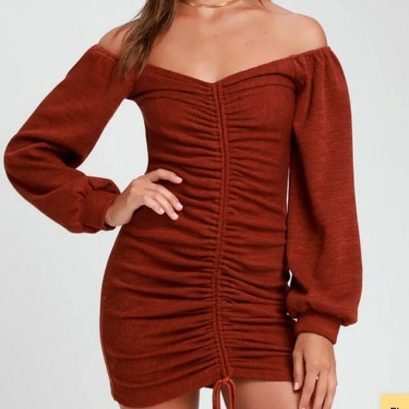 Lulus Aurinda Rust Orange Ruched Off the Shoulder Bodycon Dress eBay
