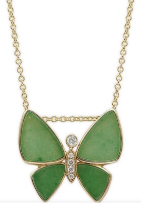 NEW! JADE, DIAMOND 14K YELLOW GOLD BUTTERFLY NECKLACE /EFFY