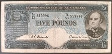 1954 Five Pounds Australian Banknote Coombs Wilson Renniks R49 TA53 559996 TRIO