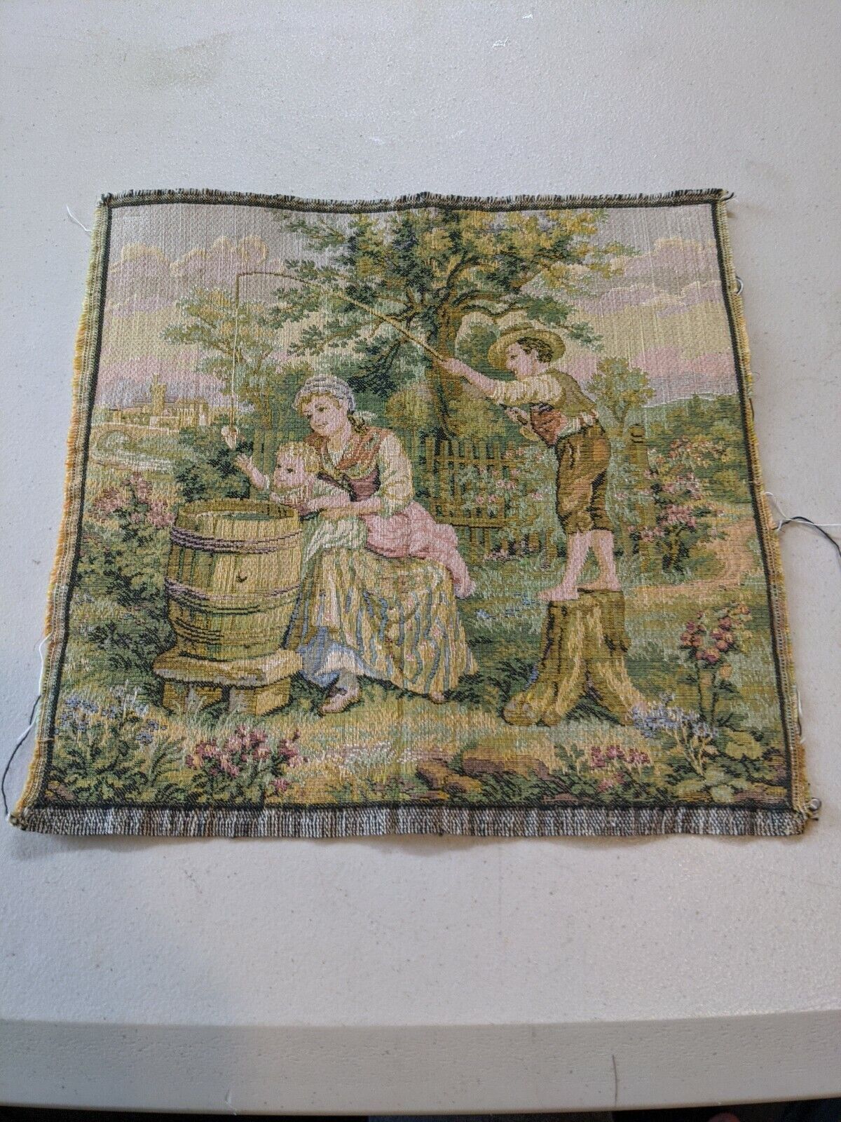 Vintage Antique French Tapestry  Countryside Farm Scene 10"x10"