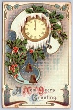 New Year Postcard Midnight on Frozen Clock Holly and Bells DB Posted