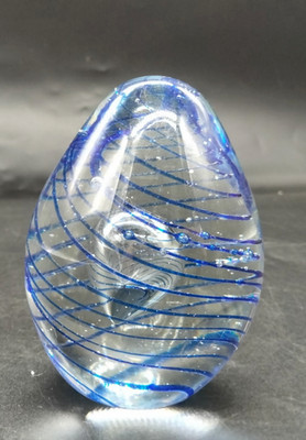 Hand Blown Art Glass Egg Shaped Paperweight with Thin Cobalt Spiral Swirl 3''