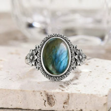 925 Sterling Silver Natural 10x14mm Oval Labradorite Cabochon Ring Sz 6-10