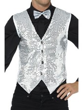Men's Fancy Dress Silver Sequin Magicians Waistcoat Vest Costume Medium 38-40