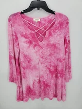 Umgee Top Womens Small Pink Tie Dye Strappy Neckline Long Sleeve Boho Artsy