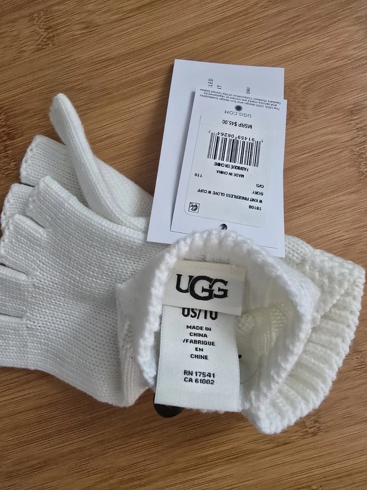 NWT UGG WOMEN'S KNIT FINGERLESS GLOVES IVORY LOGO TAB $45.00 - Image 4 of 4