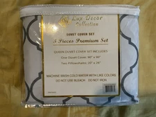 Lux Decor Collection 1800 Series Premium Set 3pc  Duvet QN  WHITE  GREY PATTERN