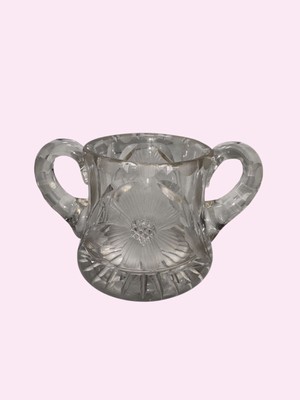 Vintage Cut Glass Sugar Bowl With Dual Handles & Floral Etching Clear