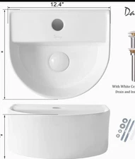 Davivy 12.4x11 U-Shaped Wall Mount Bathroom Ceramic Sink & Popup Drain Kit