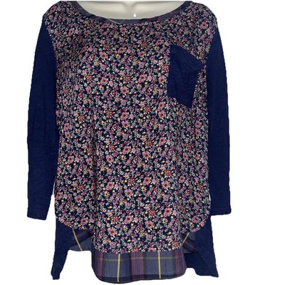 Anthropologie Postmark Farrago Tee Blue Floral 100% Cotton Pocket Shirt Medium