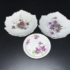 Vintage Hand Painted Violets Butter Pats Tea Bag Holder Set Of 3 Porcelain Gold