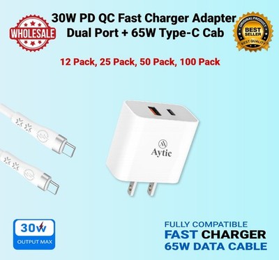[12 Pack] Wholesale Lot 30W Fast Charger Adapter Dual Port + Type-C Cable Bulk