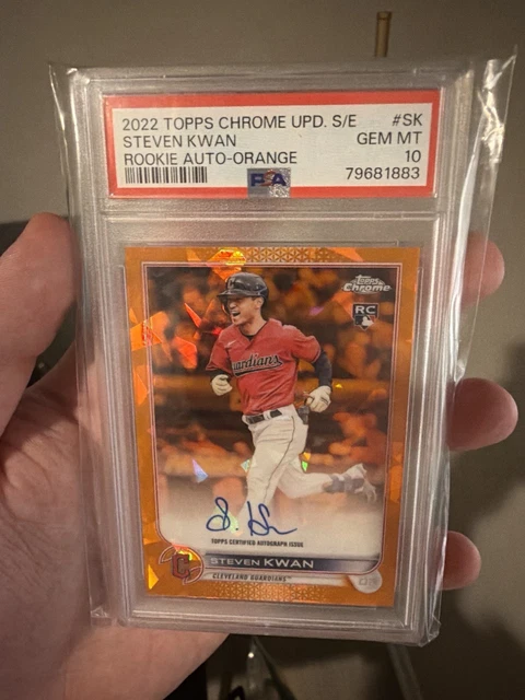 Topps 2022 Chrome Update Sapphire Steven Kwan RC Auto Orange /25 PSA 10