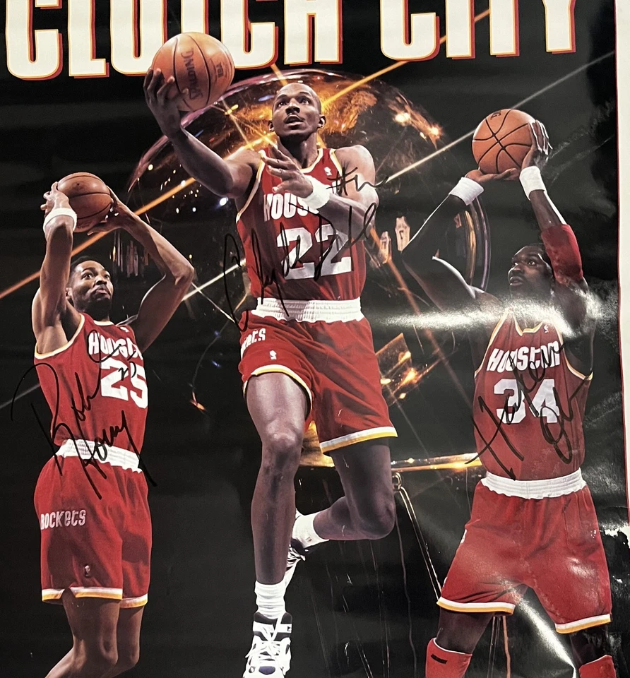 HAKEEM OLAJUWON CLYDE DREXLER Clutch City 1995 Houston Rockets Signed Poster - Image 2 of 4