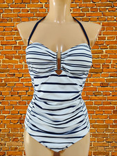 WOMENS LIPSY UK 12 WHITE NAVY STRIPED PADDED HALTERNECK RUCHED HIGH LEG SWIMSUIT
