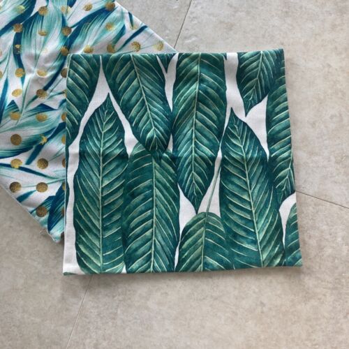 Floral Palm Pillow Covers 17x17 Set of 2 Canvas Cotton Green Off White Zip EUC - Picture 2 of 5