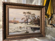 Antique oil/Board Winter Stream and Woods Snowscape, Signed E.H old artist board