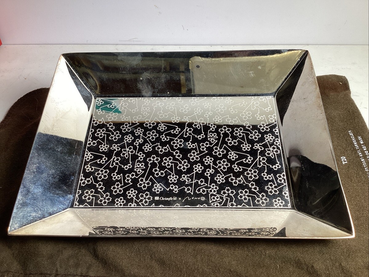 Christofle Constellation Silver Tray Engraved Cherry Blossom