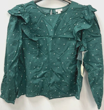 a.n.a. Dark Green Geometric Print Long Sleeve Round Neck Blouse Wmn's XL Ruffle