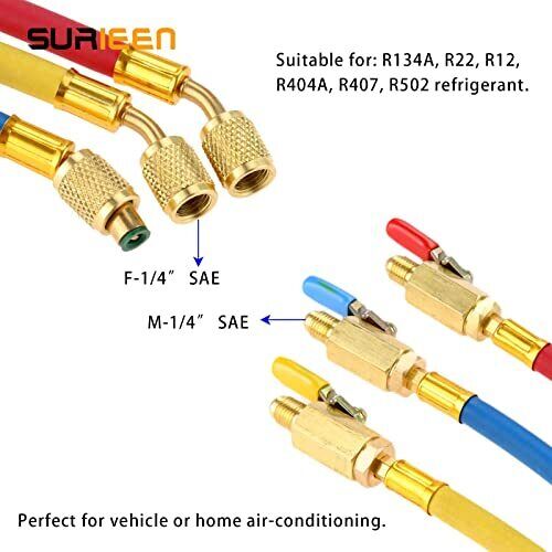 R134A R410A R22 R12 Charging Hoses and Ball Valve Set HVAC Low