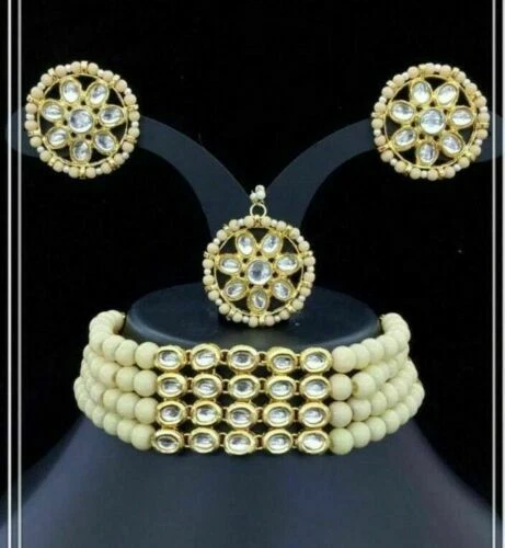 OFF WHITE Orecchini Collana Orecchini Tikka Placcati Oro Meena Kundan Perle Bianco Off