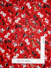 Puppy Dog Dogs Poodle Dachshund Bone Toss Red Cotton Fabric By Yard