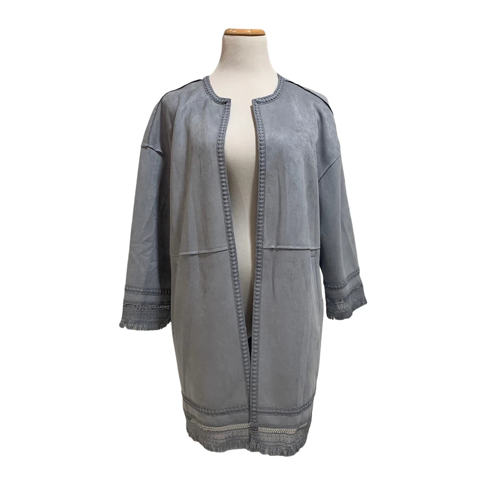 Jaqueta Marc New York Feminina Camurça Artificial Topper Tamanho Grande Franja Azul Cinza Aberta