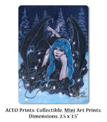 #ad Gothic Fantasy Art ACEO PRINT Christmas Snow Winter Demon Wings Blue Lights Cold $6.00