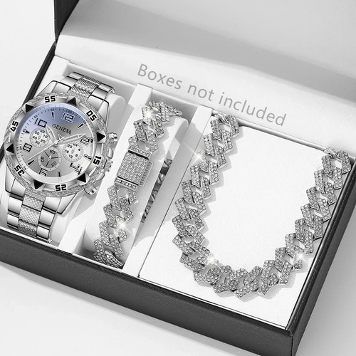 Men's Silver Iced-Out Watch Cuban Chain Bracelet Necklace 3-Piece Set