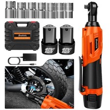 500Nm Electric Cordless Right Ratchet 3/8'' 90 Angle Wrench Power 2x Battery Kit