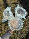 Set of 3 Vintage Fenton diamond lace French blue opalescent trim epergne horns