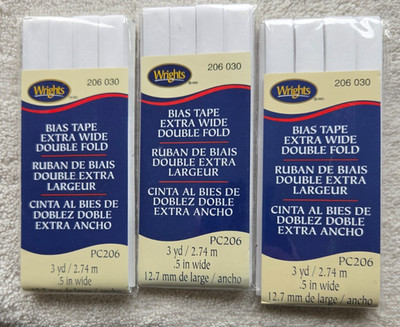 Wrights Bias Tape Extra Wide Double Fold 3 Yd .5'' Wide PC 206 030 White 3 pack