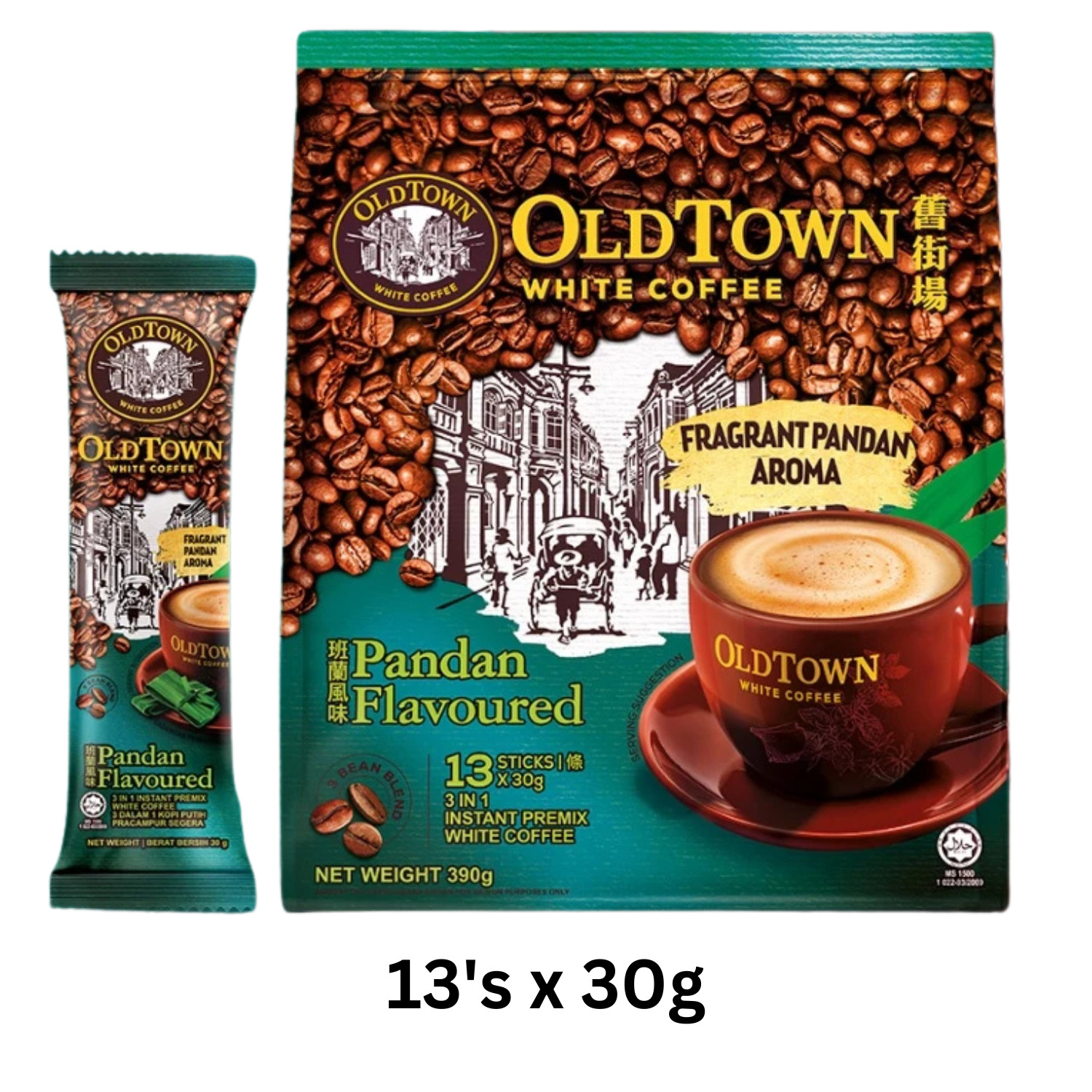 OLD TOWN 3 in 1 Instant Premix White Coffee Pandan Flavoured 13s x 30g [1 Pack]