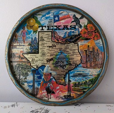 Vintage MCM Lone Star Texas Souvenir Tray Platter Map Rodeo Tower Swimmers Etc