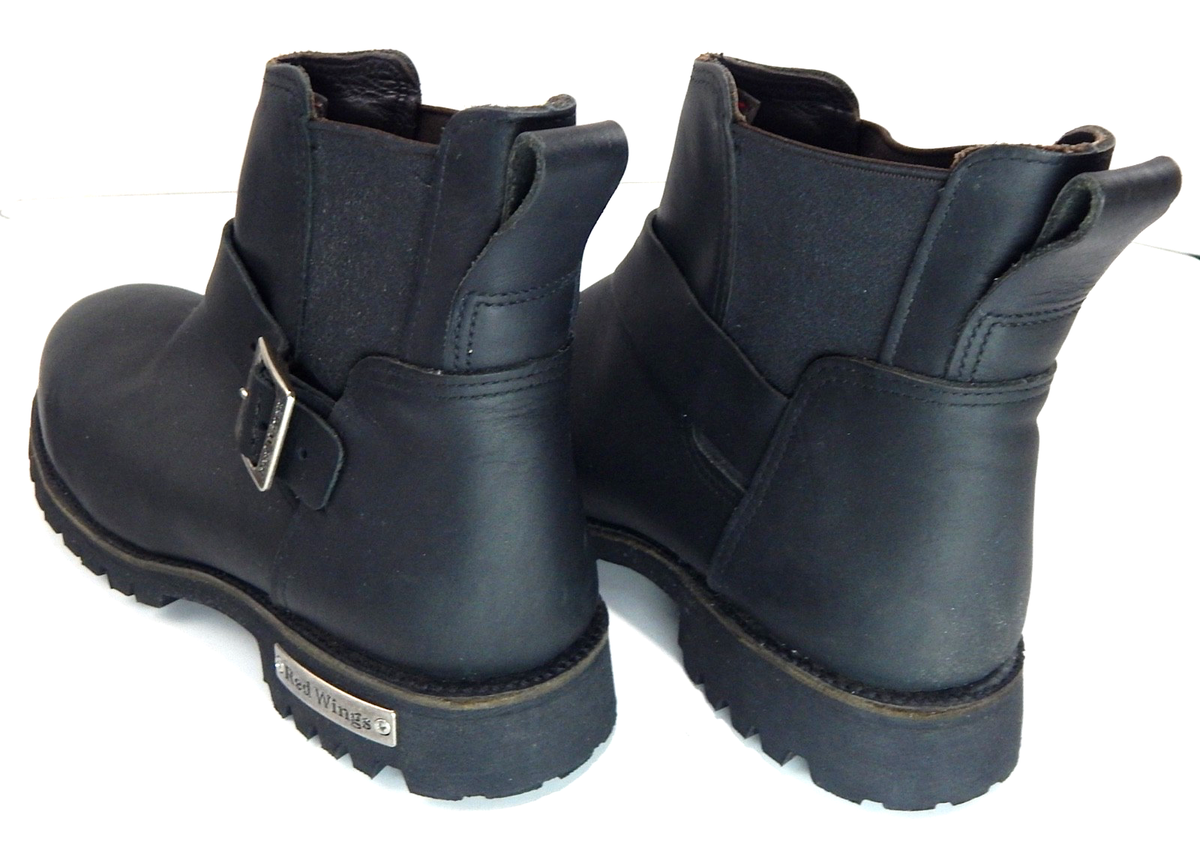 RED WING 977 Black Leather Motorcycle Pull On Buckle Ankle Boots