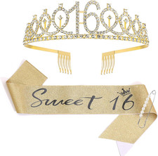 16Th Birthday Crown and Sash, 16Th Gold Birthday Decorations for Girl 16 Years O