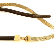 Vintage Mesh Gold Tone Metal Narrow Belt with Brown Leather Adjustable