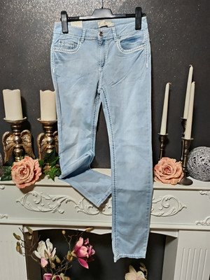 My Christy Paris Damen Jeans Hose Regular Straightfit Blau Weiße Nähte Strass   