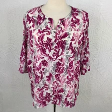 ALFRED DUNNER Pullover Shirt Top Size 22W Pink Textured 3/4 Sleeve Knit Floral