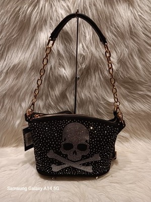 HANDBAG EXPRESS BLACK SUPER SPARKLY CROSSBONE SKULL CROSSBODY SLING