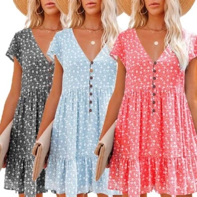 UK Women's Mini Smock Dress Short Sleeve Loose Dresses Summer Holiday Size 6-20 - Image 1 of 4