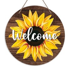 Welcome Door Sign, Sunflower Decor Wooden Sign Round Decorative Wall Plaque,