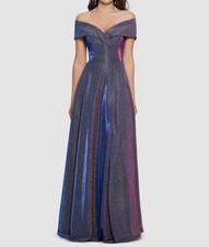 Xscape Women's Blue Metallic Shimmer Off-Shoulder A-Line Dress Size-12