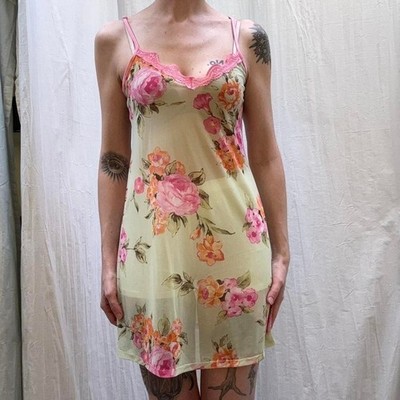 Light Green and Pink Floral Lace Mesh Nighty Slip Y2K Sexy Sheer Small Raver