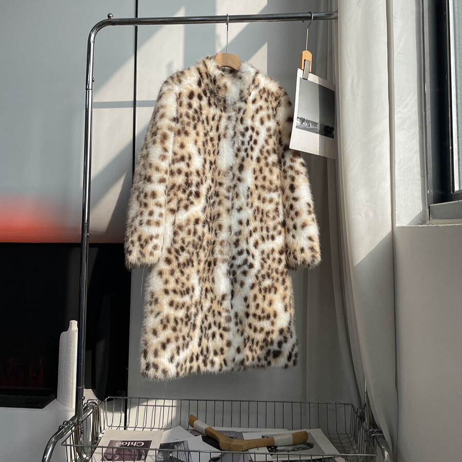 ジャケット・アウター vintage leopard design far long coat Retro Womens Leopard Print Faux Fox Fur Mid Long Coat Overcoat