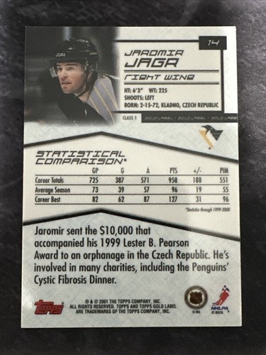 2001-02 Topps Gold Label Class 1 #14 Jaromir Jagr Pittsburgh Penguins - Picture 2 of 2